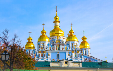 Fototapeta na wymiar St. Michael's Golden-Domed Monastery, a functioning monastery with its iconic gold colored domes and blue facade in Kiev, capital of Ukraine. 