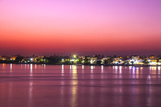 Nile river at sunset in Luxor, Egypt.