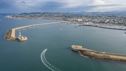 Fototapeta premium Aerial view of sailing boats, ships and yachts in Dun Laoghaire marina harbour, Ireland