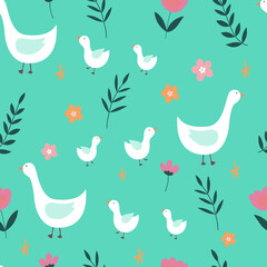 Seamless pattern with geese and flowers on a green background.Vector illustration. For textiles, Wallpaper, wrapping paper, bed linen