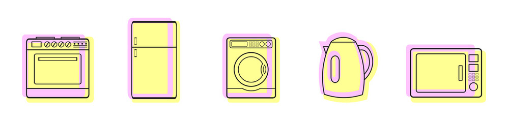 A set of color vector illustrations, icons and logos for home appliances.