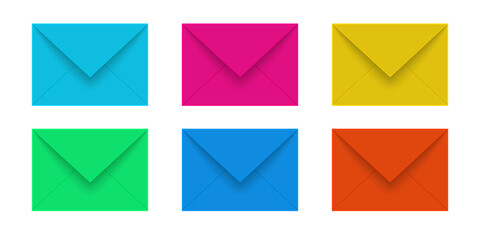 Set of mail envelopes of various colors on a white background.