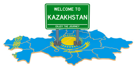 Billboard Welcome to Kazakhstan on Kazakh map, 3D rendering