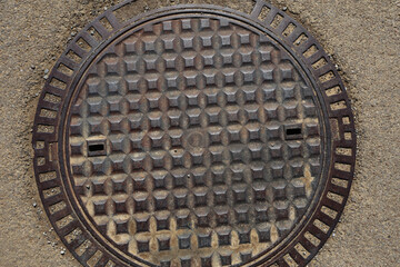 close-up metal manhole cover, texture background, top view