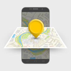 City map itinerary route navigation smartphone, phone point marker, drawing schema, city plan GPS navigation tablet, itinerary destination arrow paper city map. Route delivery check point graphic