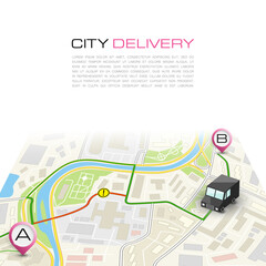 City map navigation route, point markers delivery van, 3d drawing schema itinerary delivery car, city plan GPS navigation, itinerary destination arrow city map. Route delivery check point graphic