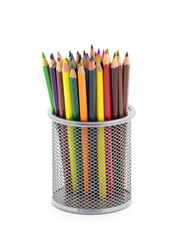 Metal stand with colored pencils on a white isolated background