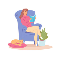 Young woman reading some interesting book at home