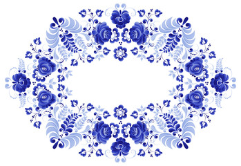 Oval floral vector element, abstract design, made in the technique of Russian folk art Gzhel