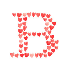 Letter B with red hearts - watercolor painting font isolated on white background