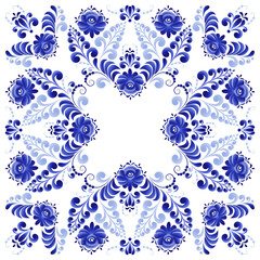 A blue floral ornament in a square suitable for the design of a shawl, tiles, tablecloths, plates. Made in the Russian folk style Gzhel