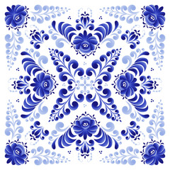 A blue floral ornament in a square suitable for the design of a shawl, tiles, tablecloths, plates. Made in the Russian folk style Gzhel