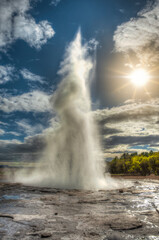 Strokkur is a geyser in the geothermal region near the Hvitá River and Reykjavik city, considered one of the most famous geysers in Iceland, The geyser erupts on average every 4 to 8 minutes.