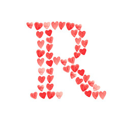 Letter R with red hearts - watercolor painting font isolated on white background