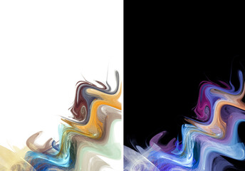 A collection of two vertical abstract backgrounds. Wavy lines of different colors are located in the lower right corner on a white and black background. Space for text. 3D rendering. 3D illustration.