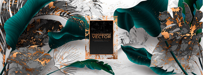 Palm leaves, gold, marble template, artistic covers design, colorful texture, modern backgrounds.Trendy pattern, graphic brochure. Luxury Vector illustration