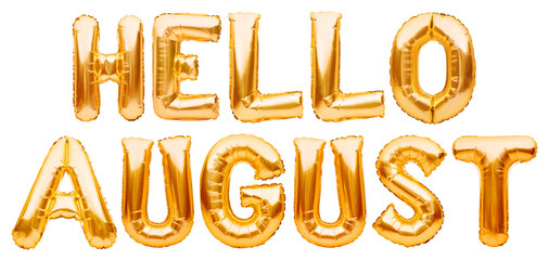 Words HELLO AUGUST made of golden inflatable balloons isolated on white. Helium gold foil balloons forming summer message, hello july words. Months balloon series, celebration, events or dates concept © Magryt