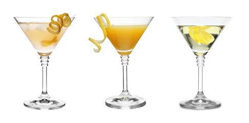 Set with different martini cocktails on white background