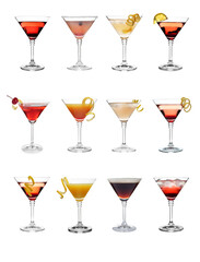 Set with different martini cocktails on white background