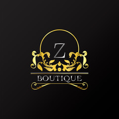 Stylish Graceful Golden Luxury Z Logo. Elegance vector template made of wide silver alphabet with line art logo design on half circle line frame.