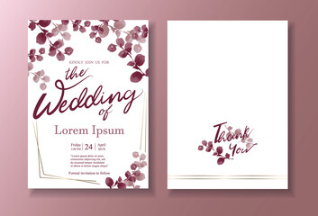 Wedding invitation card, watercolor techniques, red eucalyptus template. Red eucalyptus leaves above the card. Illustration/vector