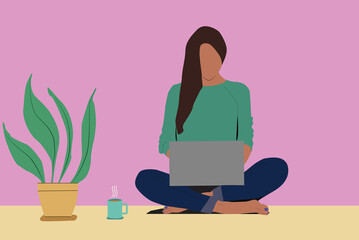 Woman working on laptop. 
Working from home. 
Work at home
Quarantine days. 
Social Distancing.
Self isolation.
