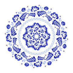 Round plate with a floral ornament of blue color on a white background, made in folk Russian style Gzhel