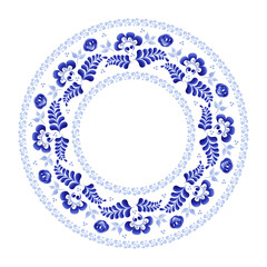 Round plate with a floral ornament of blue color on a white background, made in folk Russian style Gzhel
