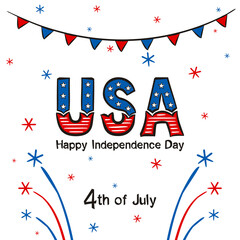 Fototapeta premium Happy Independence Day postcard. Lettering for Independence Day of the United States of America. Logo by July 4th in national colors of the USA. Vector illustration for greeting card in doodle style.