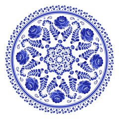 Round plate with a floral pattern of stylized roses is made using the Russian folk art Gzhel technique