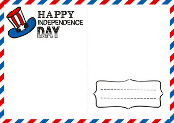 Happy Independence Day postcard. Lettering for Independence Day of the United States of America. Logo by July 4th in national colors of the USA. Vector illustration for greeting card in doodle style.