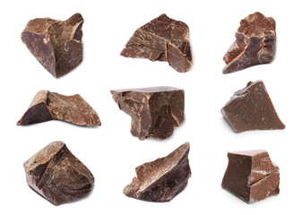 Set with delicious dark chocolate chunks on white background