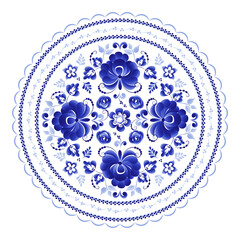 Round plate with a floral pattern of stylized roses is made using the Russian folk art Gzhel technique