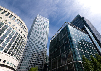 London / United Kingdom - 06/02/2020: Isolated modern office buildings in Canary Wharf.