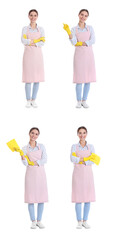 Collage with photos of chambermaid on white background