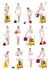 Collage with photos of chambermaid on white background