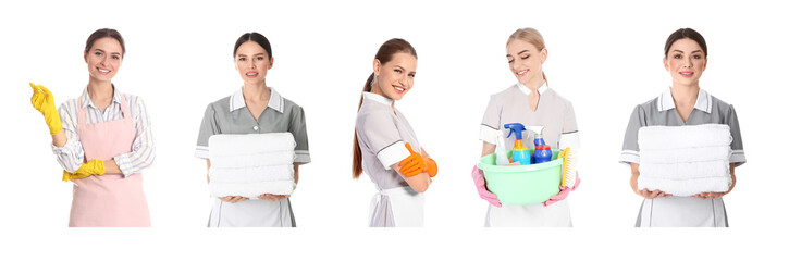 Collage with photos of chambermaids on white background. Banner design