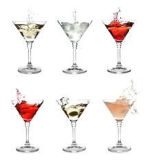 Set with different martini cocktails on white background