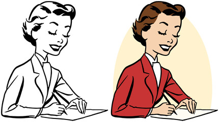 A cartoon of a woman writing a letter on a piece of paper. 