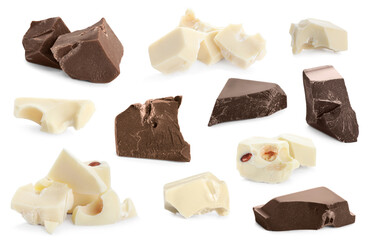 Set with delicious chocolate chunks on white background