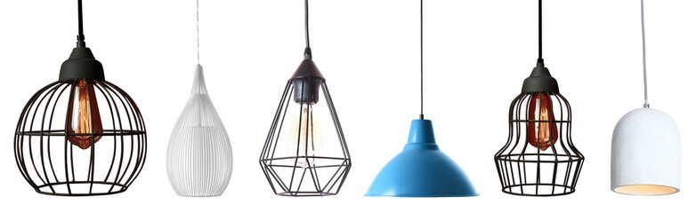 Set of different modern hanging lamps on white background. Banner design
