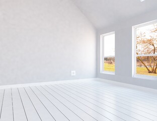 White minimalist room interior with furniture on a wooden floor, frames on a large wall, white landscape in window. Home nordic interior. 3D illustration