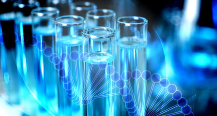 Test tubes with liquid on blurred background, closeup. Laboratory analysis