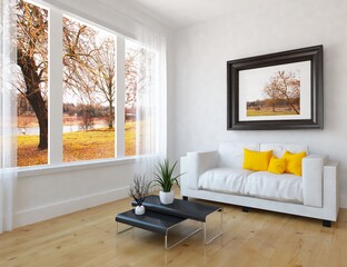 White minimalist room interior with furniture on a wooden floor, frames on a large wall, white landscape in window. Home nordic interior. 3D illustration