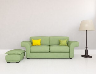 White minimalist room interior with furniture on a wooden floor, frames on a large wall, white landscape in window. Home nordic interior. 3D illustration