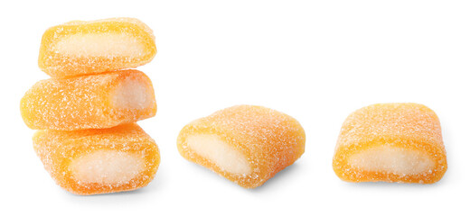 Set of delicious jelly candies on white background. Banner design