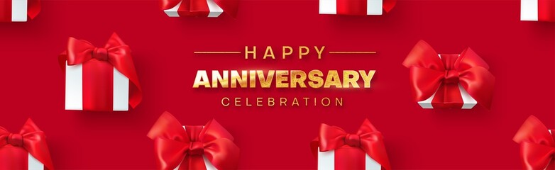 Anniversary celebration. Golden text, holiday gifts and confetti on a red background. Banner decoration. Vector illustration