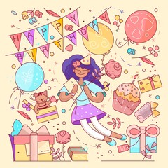 Happy Birthday vector. Greeting cards, poster. Balloon, cupcakes and gift box. Princess's Birthday