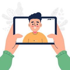 Hand holding tablet app video call with friend vector illustration