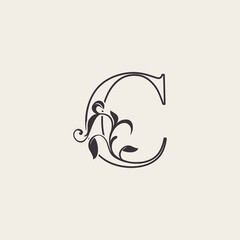 Graceful Floral Letter C Luxury Logo Icon . Black and White Outline simple beautiful logo. Vintage drawn alphabet in art nature leaf style.